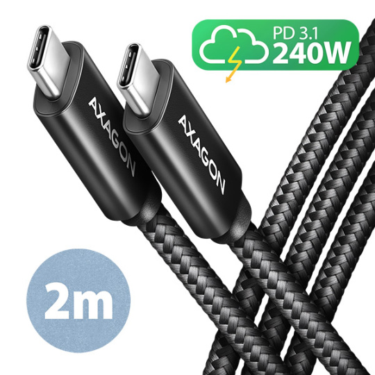 AXAGON BUCM2-CM20AB, CHARGE kabel USB-C <-> USB-C, 2m, Hi-Speed USB, PD 240W 5A, ALU, oplet, černý