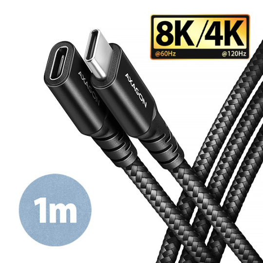 AXAGON BUCM32-CF10AB prodlužovací kabel USB-C (M) <-> USB-C (F), 1m, USB 20Gbps, PD 240W 5A, 8K HD, ALU, oplet, černý