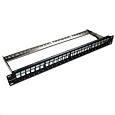 XtendLan Patch panel 19", 24 portů, neosazený, stíněný, černý, Cat5e/6/6A/7, odnimatelný  vyvazovák