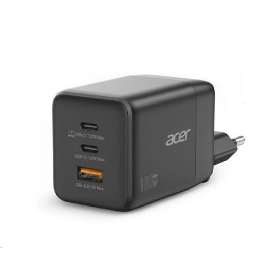 ACER Adaptér 100W GaN charger, 3porty: 2x USB-C + 1x USB-A ports, EU a UK zástrčka, textilní obal, black ACER Adaptér 100W GaN charger, 3porty: 2x USB-C + 1x USB-A ports, EU a UK zástrčka, textilní obal, black