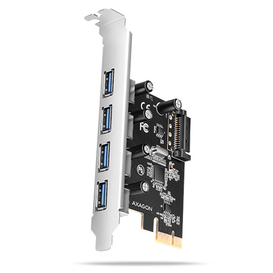 AXAGON PCEU-430RS, PCIe řadič, 4x USB 5Gbps port, SATA napájení, Renesas PD720201, SP