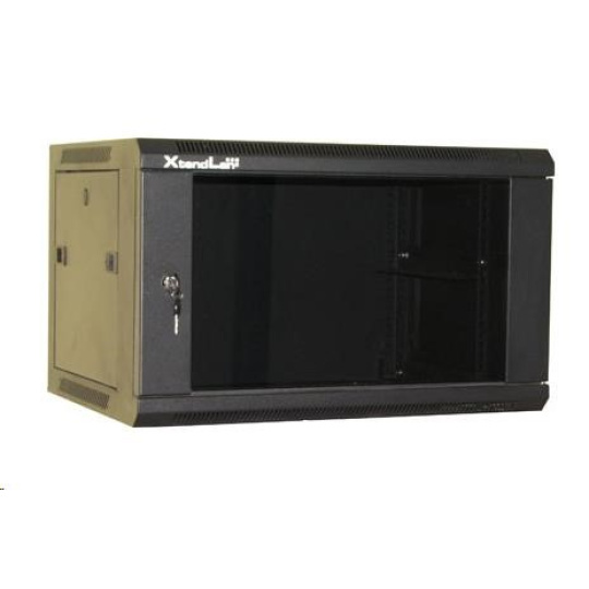 BAZAR XtendLan 19" nástěnný rozvaděč 9U 600x450, nosnost 60 kg, skleněné kouřové dveře, svařovaný, černý - malá odřenina