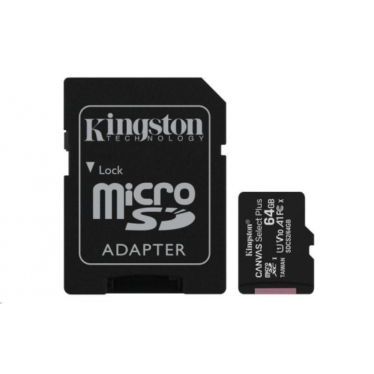 Kingston MicroSDXC karta 64GB micSDXC Canvas Select Plus 100R A1 C10 Card + SD adaptér